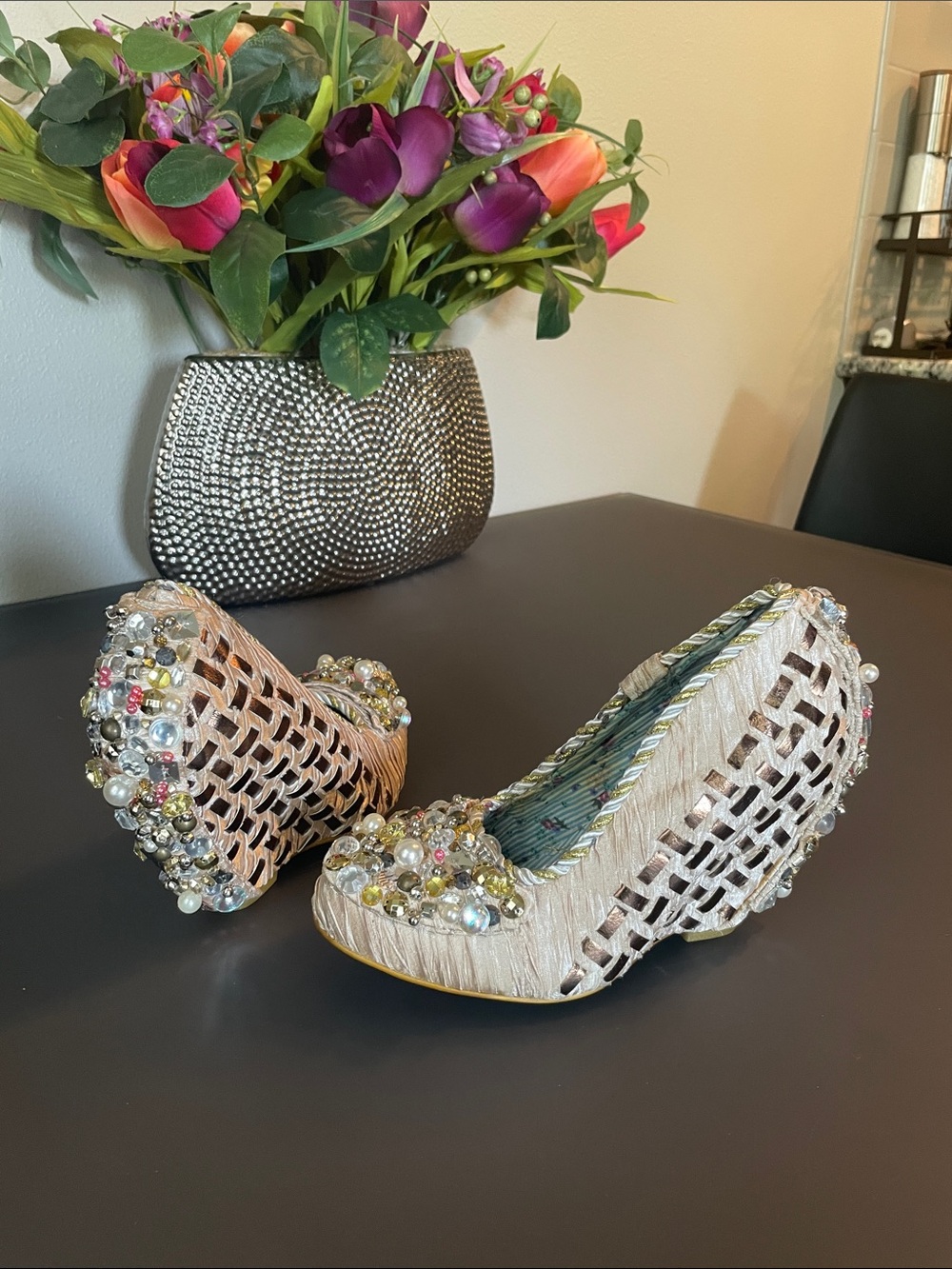 Irregular Choice Pearl-Embellished Woven Heels - Run Small